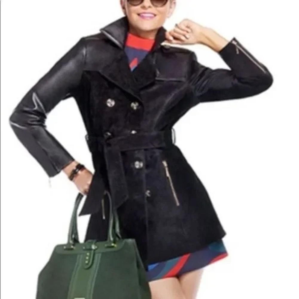 Iman Luxe Black Leather and Suede Trench Coat Jacket Size Medium